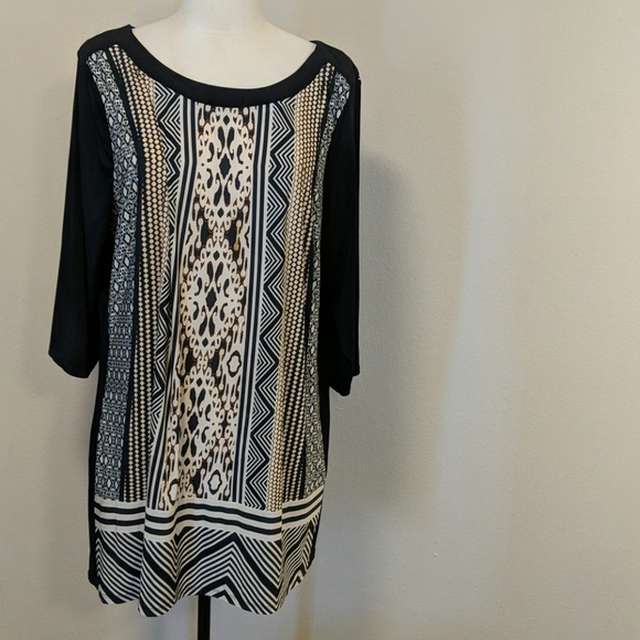 Long stretchy tunic black/cream/brown print - Picture 2 of 8